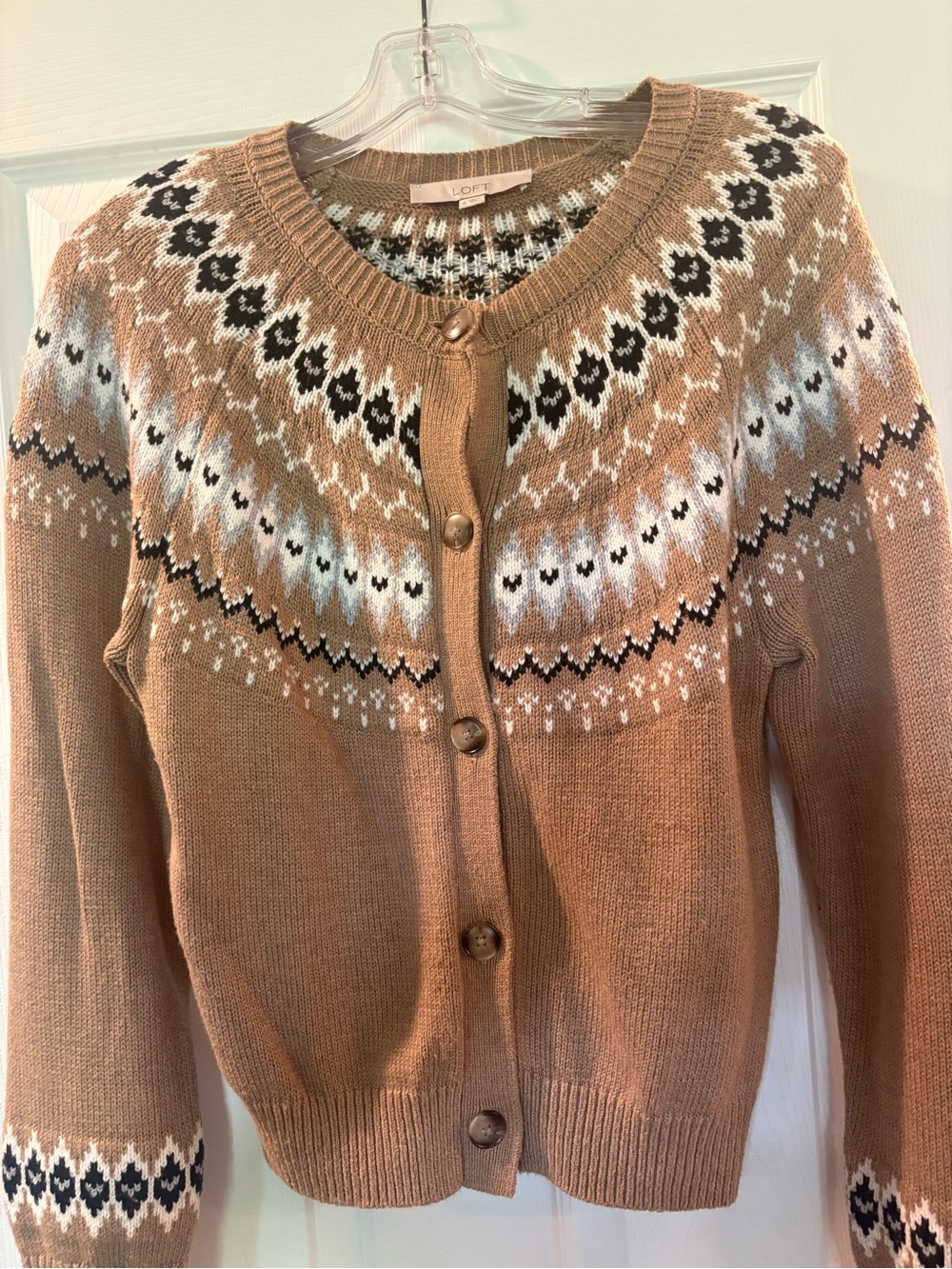 LOFT Tan Fair Isle Knit Button-Front Sweater